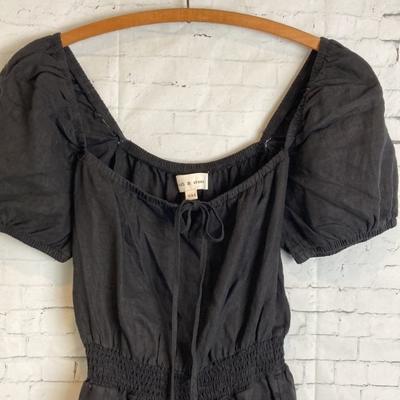 Cloth & Stone Anthropologie Black Romper XXS Smocked Tie Front Puff Sleeve Linen - Picture 8 of 16